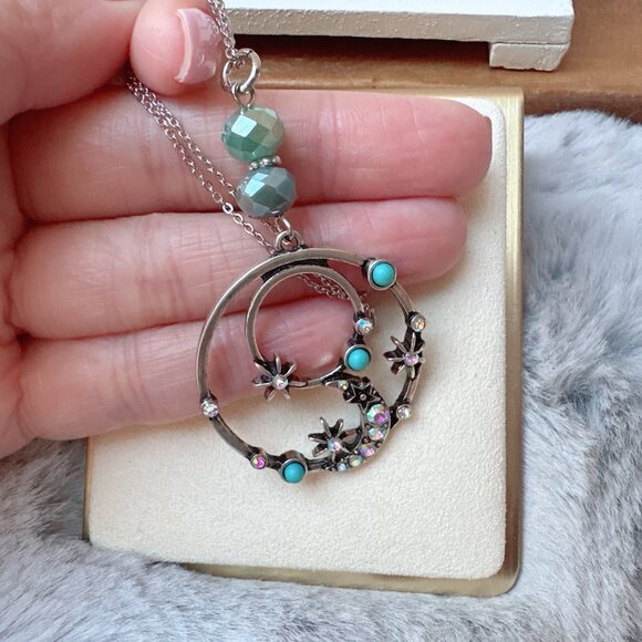 Antique Silver Celestial Moon and Star with Turquoise and Crystal Necklace - Picture 6 of 6